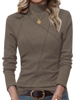 Women's Coffee Mock Turtleneck Long Sleeve Stitching Layering Slim Fit Tunic Top